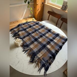 Vintage Pendleton Plaid Throw Blanket - Navy & Brown Cozy Fringe Blanket